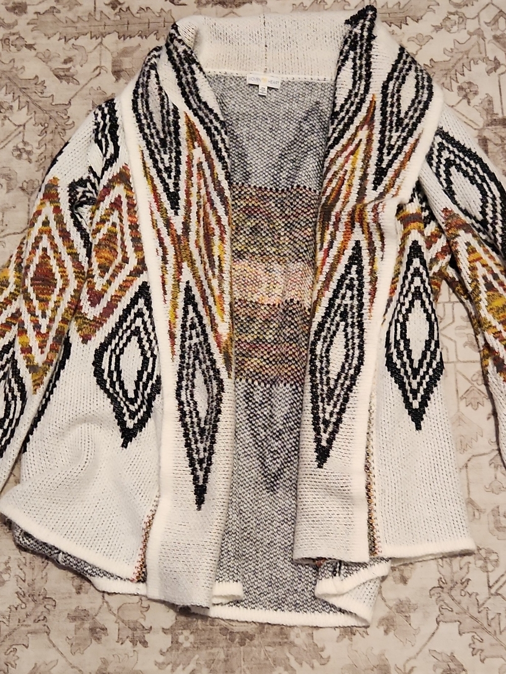 Woven Heart Open Front Geometric Diamond Cardigan in White, Black, Gold, Brown